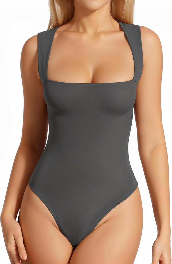 MANGOPOP Women's Square Neck Tank Top Bodysuit Sexy Double Lined Sleeveless Thong Body Suits Going Out Tops (Large, 03 Sleeveless Deep Grey)