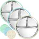 BUSOHA 3 Pack Stainless Steel Kids Plate with Suction - 8.1 Divided Toddler Baby Plates with Silicone Sleeves Non-Slip 2-in-1 Anti Breakage Metal Toddler Bowls Microwave Dishwasher Safe (Green + Beige + Light Blue)
