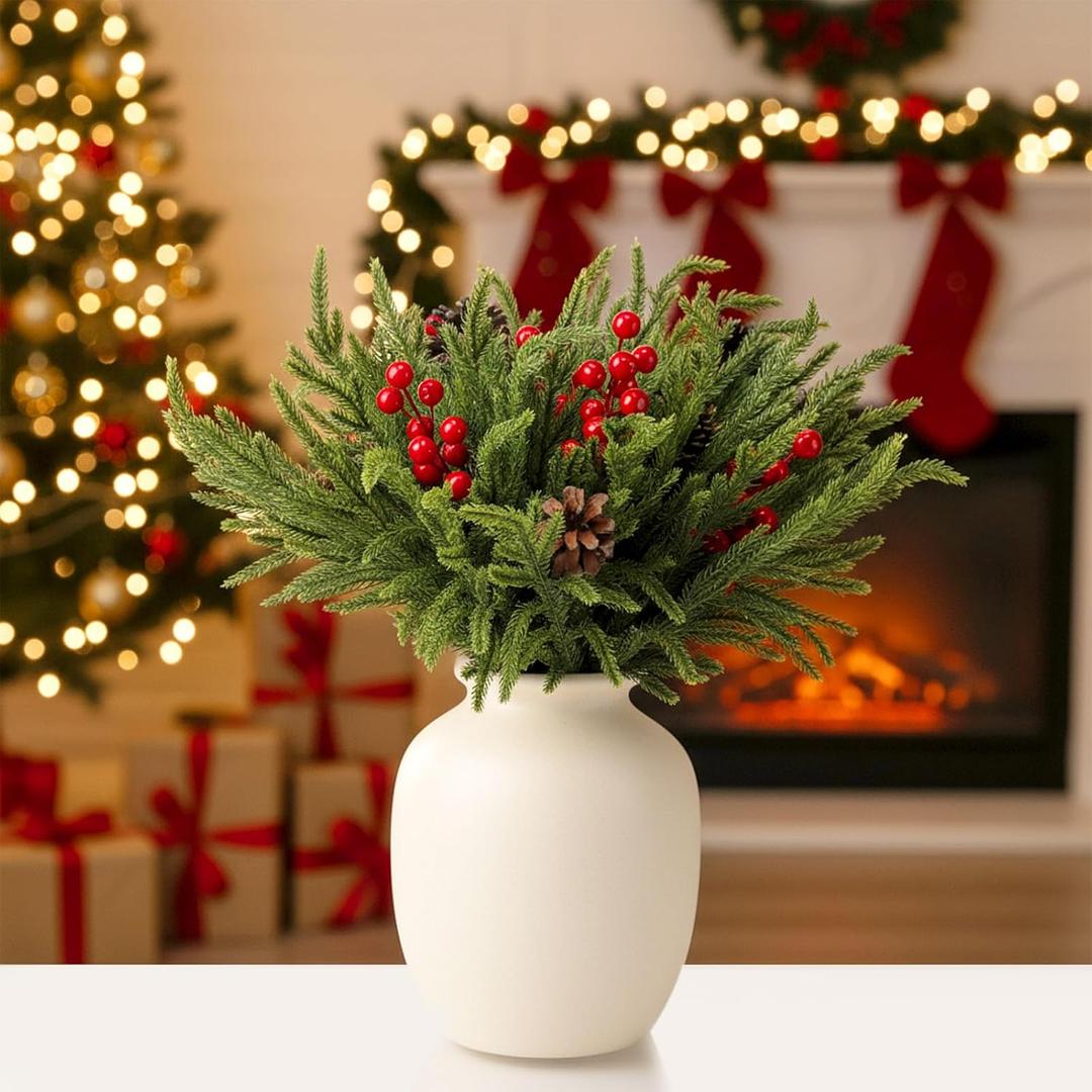 Giegxin 20 Pcs Christmas Artificial Pine Branches with Red Stems Berry 17.8 Inch Faux Green Norfolk Pine Cypress Leaves and Red Berries Stems for Xmas DIY Craft Home Table Decorations