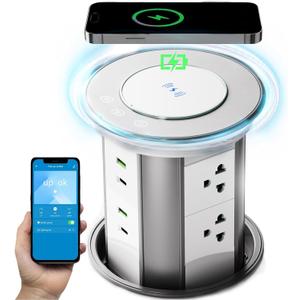 German Technology Motorized Pop Up Outlet for Countertop 15W Fast Wireless Charger, Countertop Electrical Outlet with 6 AC Outlets & 4 USB Ports (20W PD), APP Remote Control,Free 4.92 inch Hole Saw