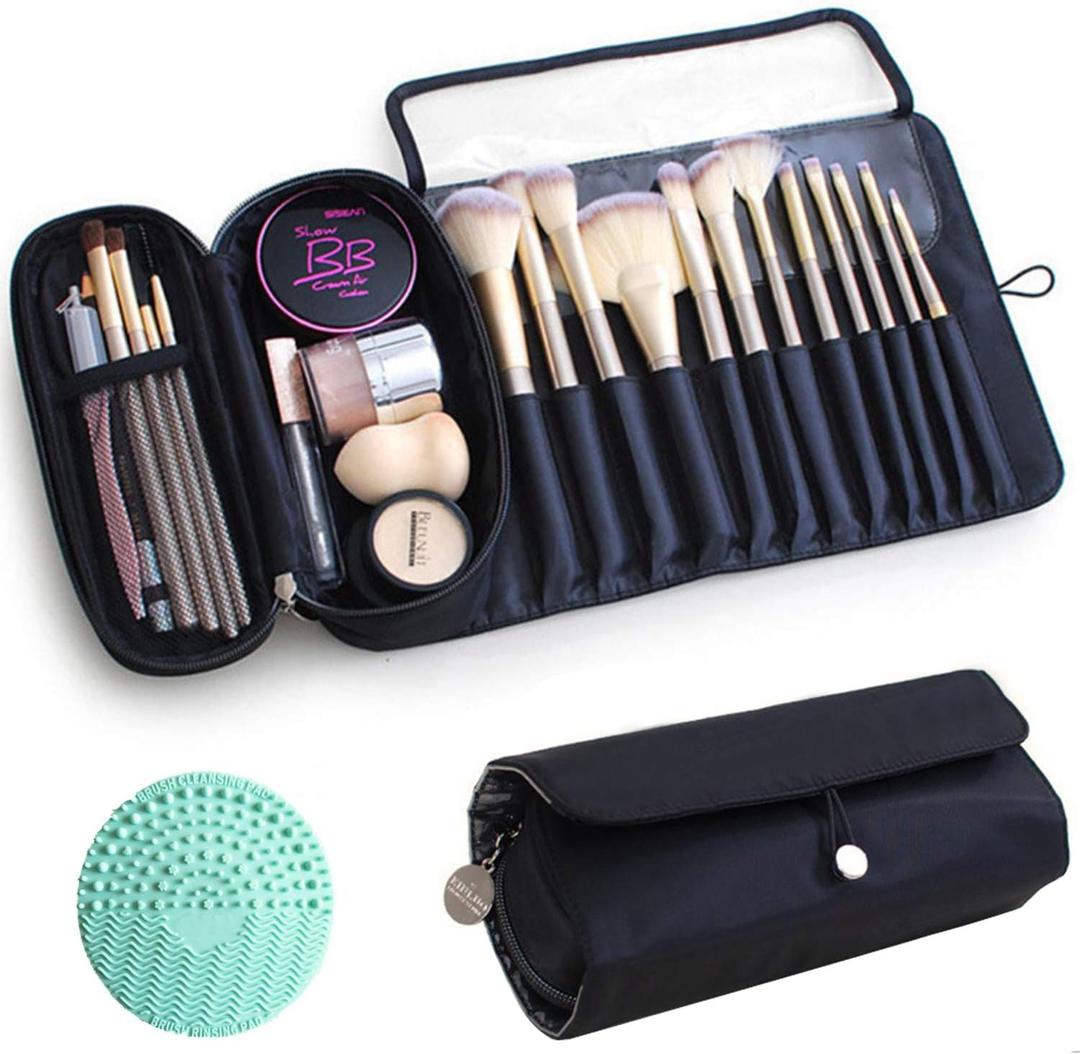 Makeup Brush Bag, Travel Makeup Brush Case Makeup Brush Holder Organizer Cosmetic Bag Portable Roll Up Brush Storage Bag for Makeup Brushes and Cosmetic Essentials (Black)