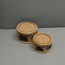 Set of 2 Small Boho Rattan Wicker Round Riser Plant Stand Indoor,Rustic Farmhouse Natural Wooden Circle Pedestal for Decor & Display, Tabletop, Office Decor (Round - 6" & 8")