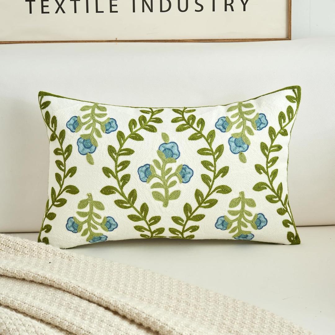 HOMFREEST Floral Embroidered Decorative Throw Pillow Covers 12x20 Inch Spring Blue Flower Green Leaf Pillows Farmhouse Patio Cushion Cases for Sofa Couch Home Bed