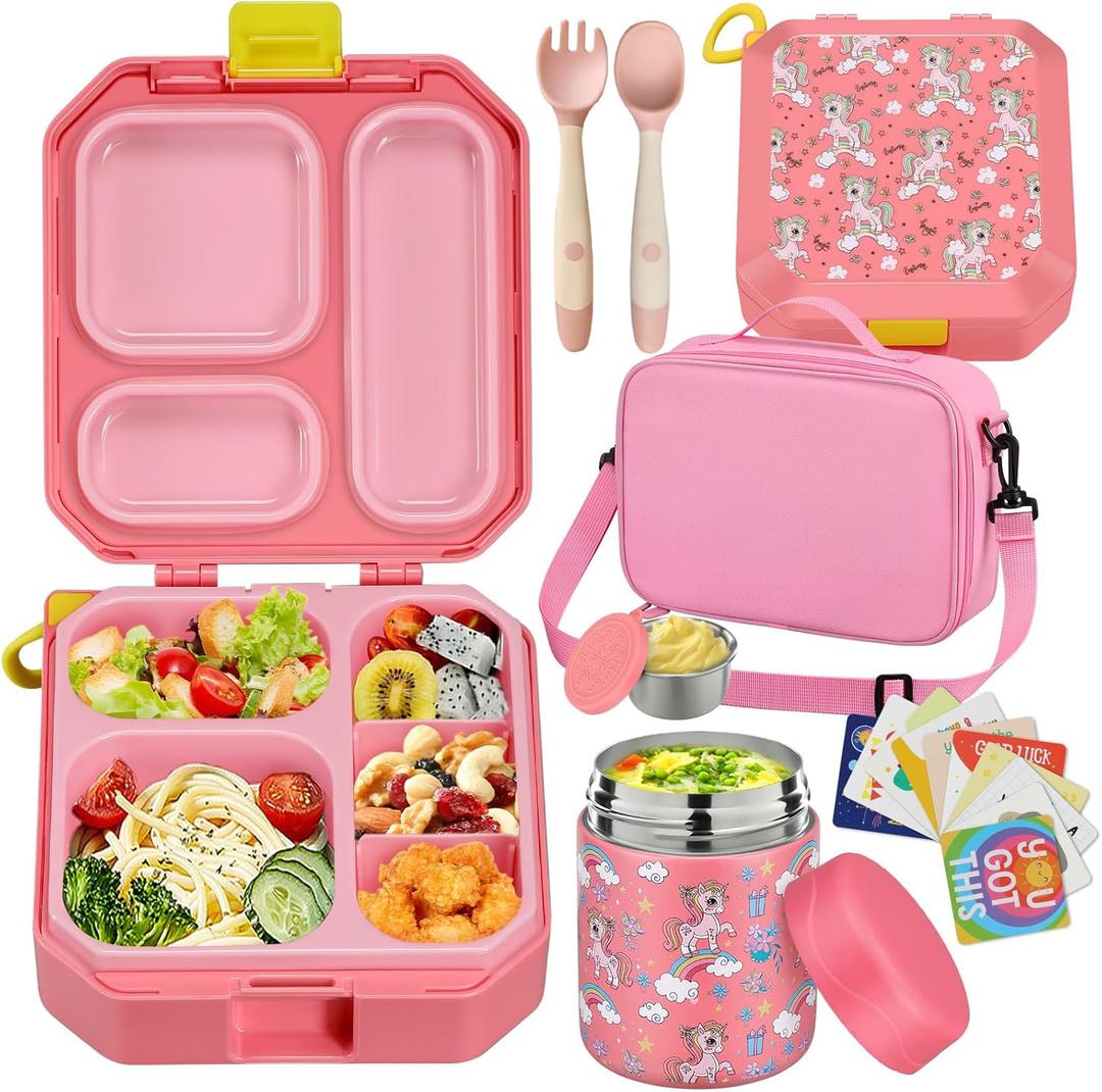 Bento Lunch Box for Kids with 12oz Soup Thermo Leak-Proof Lunch Food Container with 5 Compartment Thermo Hot Food Jar and Insulated Lunch Bag for Kid Toddler Girls Boys to School (Pink1)