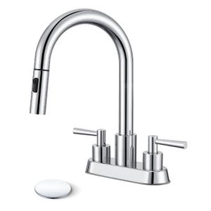 Bathroom Faucet with Pull Out Sprayer, Chrome Bathroom Faucet 3 Holes, 2 Handle Bathroom Sink Faucet with 360 Degree Swivel Spout, Pop Up Drain Assembly Included