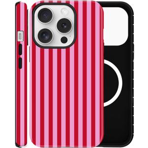 Magnetic Case for iPhone 15 Pro, Compatible with MagSafe, Aesthetic Striped Cute Design for Women, Hybrid 2-Layer Hard Shell Phone Cover, (Hot Pink/Red)