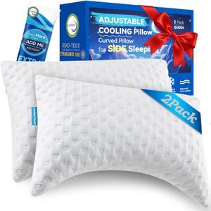 Side Sleeper Pillows for Neck & Shoulder Comfort - Ergonomic Curved Crescent Design, Adjustable Shredded Memory Foam, Cooling & Soft Cover, Extra Fill Included, Queen Size Pillows Set of 2