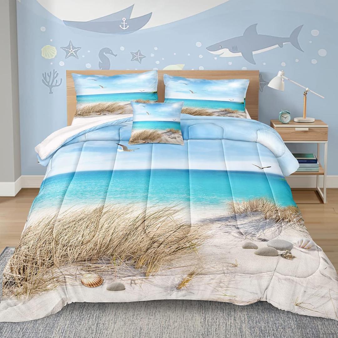 MOVE OVER Ocean Comforter Set California King Size 4 Pieces Coastal Bedding Set Blue Hawaii Island Scenery Design Ocean Beach Themed Comforter Set for Summer