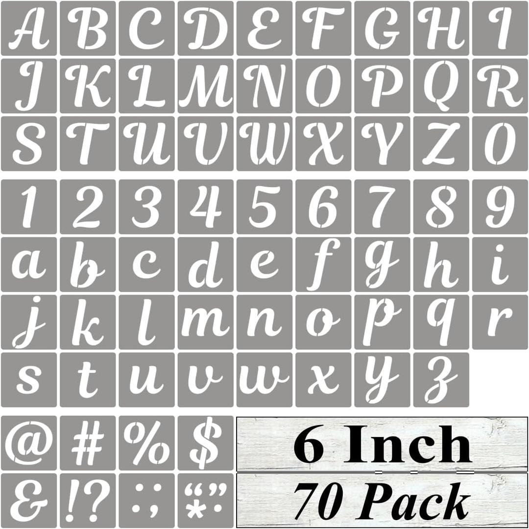 6 Inch Letter Stencils for Painting - 70 Pack Alphabet Letter and Number Stencil Templates with Signs for Painting, Reusable Cursive Alphabet Stencils for Chalkboard Wood Crafts & Wall Decor