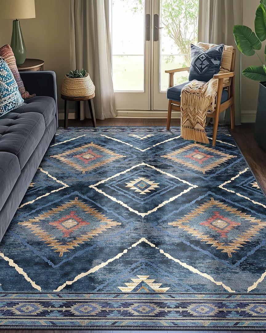 Area Rug 6'x9' Rug Machine Washable Non-Slip Low Pile Print Pattern Western Rug for Living Room Bedroom Entryway-Darkblue