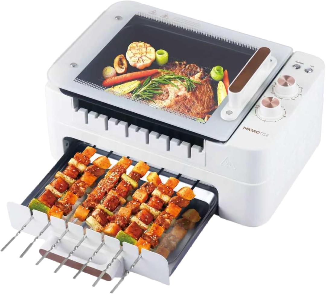 3-IN-1 Skewer Electric Indoor Grill - 1000W Electric Grill with 360 Auto-Rotating, Smokeless Indoor Grill with 3 Cooking Modes, Temperature Adjustable, Removable Tempered Glass Lid