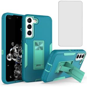 Case for Galaxy S22 Case, Samsung S22 5G SM-S901U Case with Tempered Glass Screen Protector, Hybrid Heavy Duty Magnetic Built-in Kickstand Protective Cover for Samsung Galaxy S22 5G Teal Mint