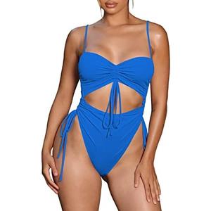 Viottiset Women's Cut Out Drawstring One Piece Swimsuit Cheeky High Cut Bathing Suit, Light Blue. XL