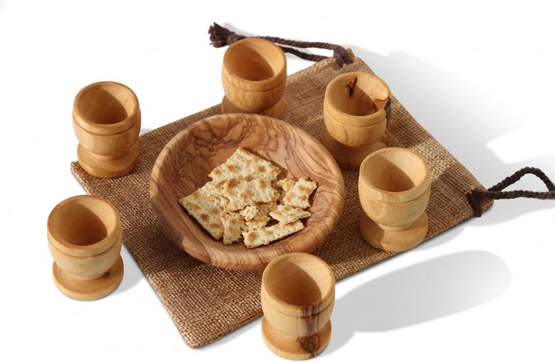 Olive Wood Communion Set, 6 Mini Cups & Plate – Family Worship Kit Handmade in Bethlehem – Traditional Holy Land Gift – Authentic Christian Decor
