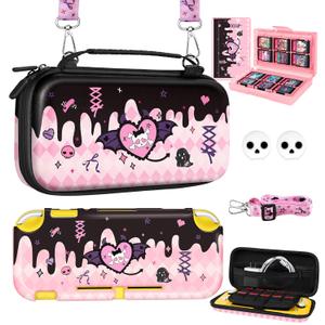 6in1 Kits Accessories Bundle for Nintendo Switch Lite 2019 - Cute Carrying Case, Protective Cover, Joy Con Grips, Thumb Grips, 24 Game Holder, Shoulder Strap Teens Boys Girls, Skull