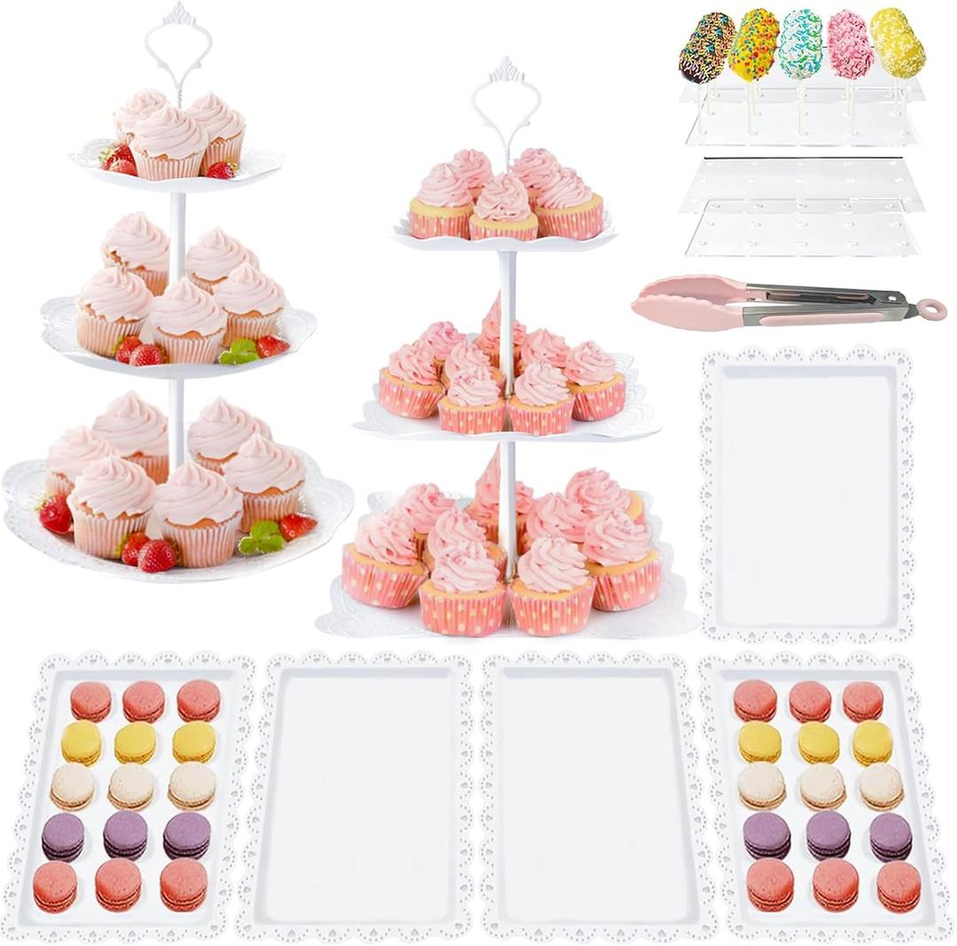 10 Piece Cake Stand Set 3 Tiered Tiered Cupcake Stands 1 Square and 1 Circular 5 Dessert Trays 1 cake tongs 2 Pack Pop Stand with Sticks Kit For Wedding Baby Shower Home Birthday Tea Party