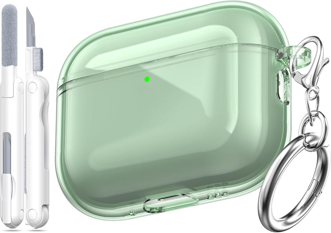 for AirPods Pro 3 Clear Case 2025, Military-Grade Shockproof, Soft TPU Highly Transparent Anti-Yellowing for AirPods Pro 3 Case with Cleaning Kit & Cute Round Buckle, Clear Green