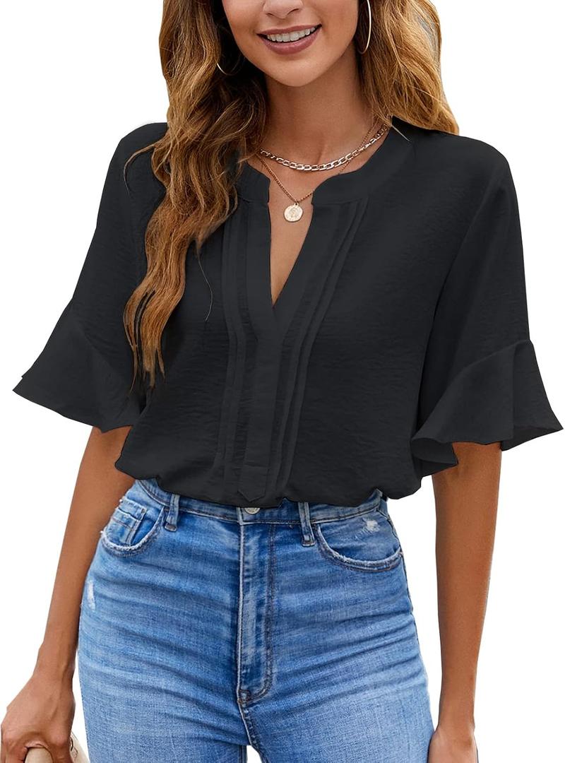 BMJL Womens White Blouses Chiffon Ruffle Short Sleeve V Neck Business Casual Tops Summer Cute Shirt, Size M
