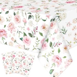 Ganeen 3 Pcs Pink Floral Tablecloth Disposable Plastic Table Covers Wildflower Waterproof Tablecloth for Baby Shower Birthday Wedding Mothers Day Tea Party Supplies and Decor, 54 x 108 Inch