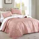 Drucon Blush Pink Quilt Set King Size 3 Pieces Floral Branch Botanical Quilt Bedspread, Reversible Floral Leaves Pattern Lightweight Microfiber Bedding Coverlet Set for All Season