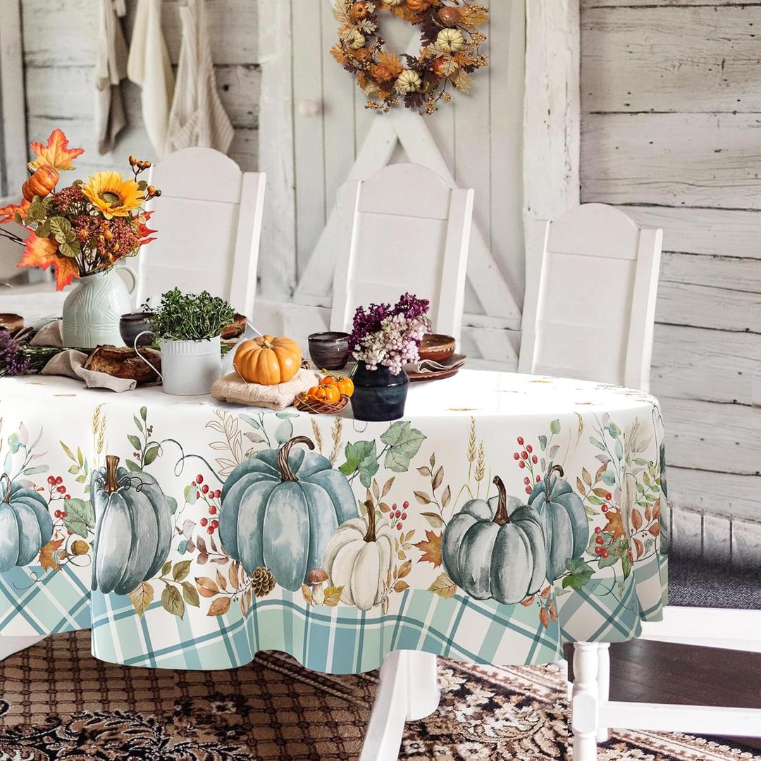 Oval Fall Tablecloth,Thanksgiving Fall Harvest Pumpkin Table cloth,Blue and White Buffalo Plaid Polyester Waterproof Wrinkle-resistant Durable Tablecloth for Autumn,Thanksgiving,Home Decor 60x120In