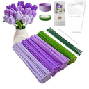 Pack Of 2 YYUENGTAK Violet Tulip Bouquet Pipe Cleaners For Crafts, Pipe Cleaner Flowers Set, 200 Pieces Pipe Cleaners For Crafts Set With 4 cColors, Instruction, Floral Wire, Florist's Tape,Wrapping Paper, Ribbon