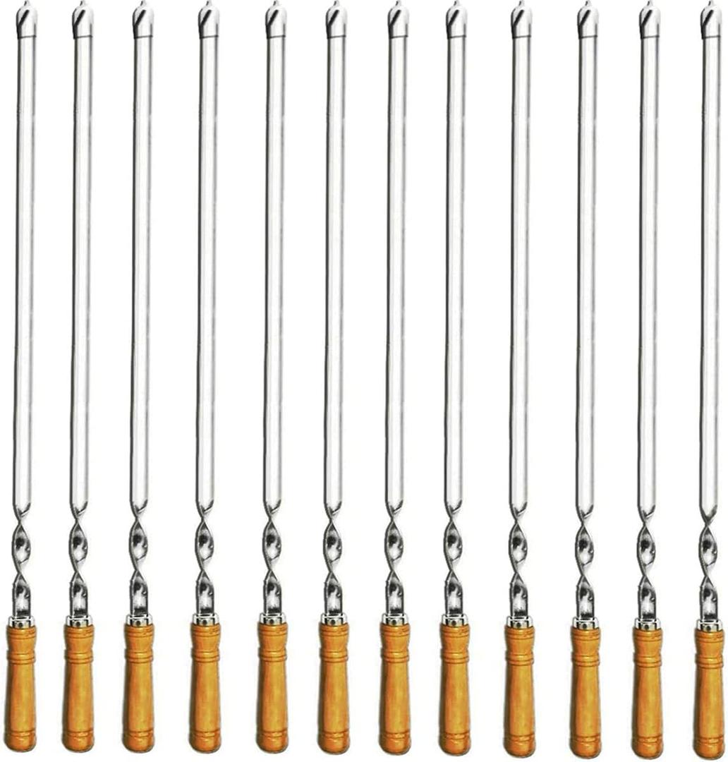 12 Pack Kabob Skewers BBQ Barbecue Skewers Stainless Steel Sticks 23.5 Inch Heavy Duty Large Wide Reusable with Nonslip Wooden Handle Ideal for Shish Kebab Chicken Shrimp and Vegetables