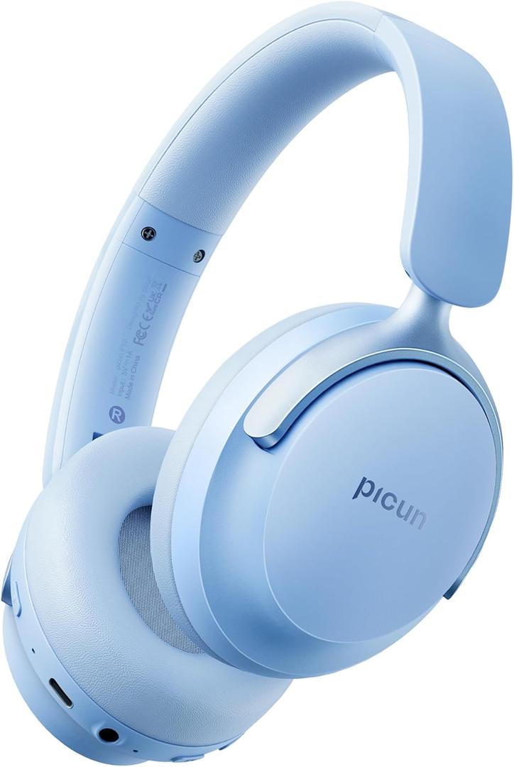 Picun NC60 Hybrid Active Noise Cancelling Headphones, Foldable Wireless Over Ear Bluetooth 5.4 Headphones, 80H Playtime, Transparency Mode, Stereo Bass, Custom EQ via App for Travel Home Lake Blue