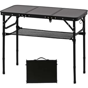 Folding Picnic Table with Storage Net, Matte Black Aluminum Folding Table 35" x 16", Adjustable Height Max 27.5", Lightweight Portable for Camping Travel Grill Indoor