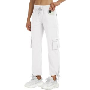 MoFiz Women's Hiking Cargo Athletic Pants Casual Travel Loose Lightweight Quick Dry Breathable Running Joggers Outdoor Button Pockets White S