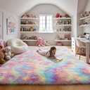 Fluffy 9x12 Large Area Rugs for Girls Bedroom Living Room, Rainbow Soft Washable Shag Carpet for Kids Room, Nursery, Dorm Decor, Colorful Cute Plush Fuzzy Rugs for Baby Toddler