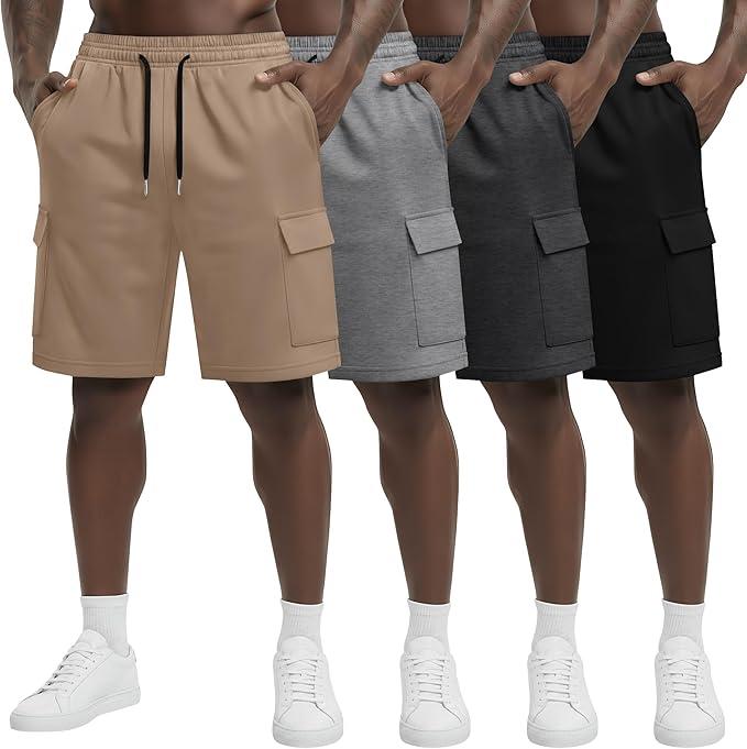 August Alley 4 Pack Men's Cargo Sweat Shorts 9'' with 4 Pockets Casual Drawstring Elastic Waist Summer Loose Athletic Clothes(Light Khaki, Light Gray, Charcoal Gray, Black,Large)