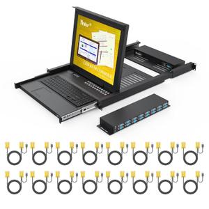 16 Port VGA KVM Switch, 17'' LCD KVM Console Integrated with Keyboard Monitor Touchpad Drawer, 1U Rack Mount KVM for 19'' Cabinet, Supports OSD Menu/Hotkey/Button Switch(16 KVM Cables)
