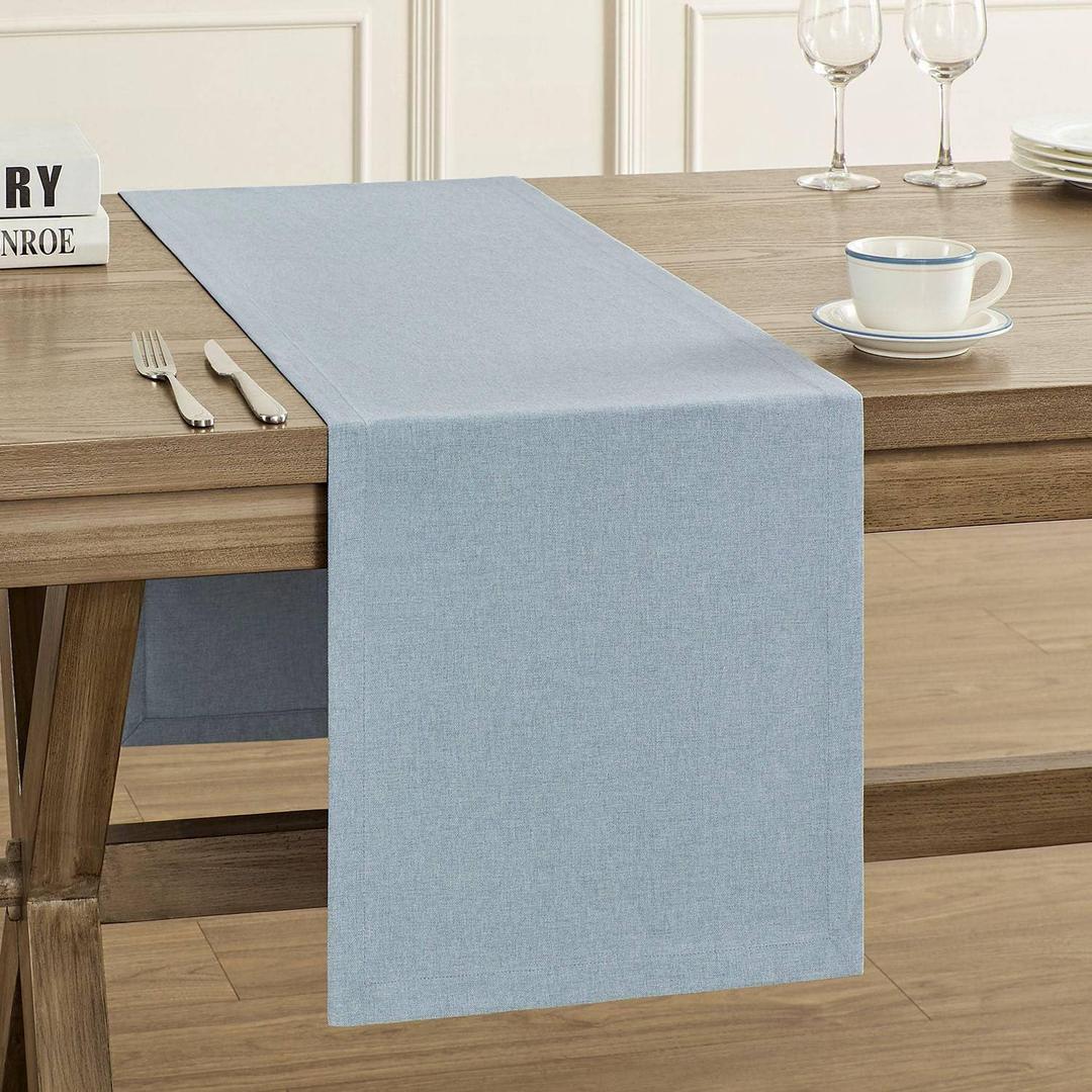 ZeeMart Basic Linen Style Table Runner, 14 x 48 Inch Blue Chambray, Rustic Farmhouse Light Dusty Blue Table Runners 48 Inches Long, Everyday Polyester Table Runner - Machine Washable & Easy Care
