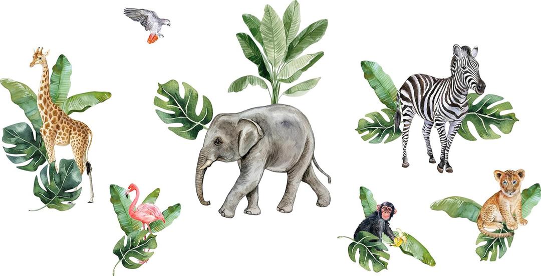 Murwall Kids Wall Decal Peel and Stick Safari Animal Wall Decals Cute African Animals Set Wall Sticker Zebra Giraffe Elephant Lion Leaves Sticker Kids Room Childroom