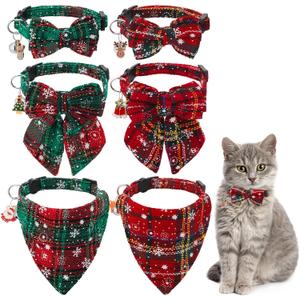 6 Pack Christmas Cat Collar with Bow Tie Bandana and Bell, Breakaway Adjustable Cat Bow Tie Collars, Xmas Accessories for Kittens Or Certain Puppies