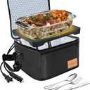 FORABEST Heated Lunch Box  80W Electric Lunch Box for Adults, 12V/24V Car & Truck + 110V/220V for Office & Travel  Cooks or Warms Meals, Full Utensils & Premium Carry Bag (Black)