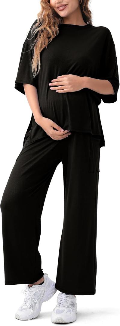 Maternity Lounge Set 2 Piece Outfits Matching Short Sleeve Top Adjustable Long Pants Pregnancy Summer Loungwear (Large, Black)