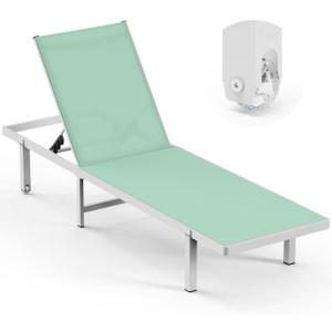 Lounge Chair Outdoor with Wheels, Aluminum Pool Lounge Chairs with 5 Adjustable Backrest, Outdoor Chaise Lounge for Poolside, Deck, Beach (LightGreen), S-1 Pack