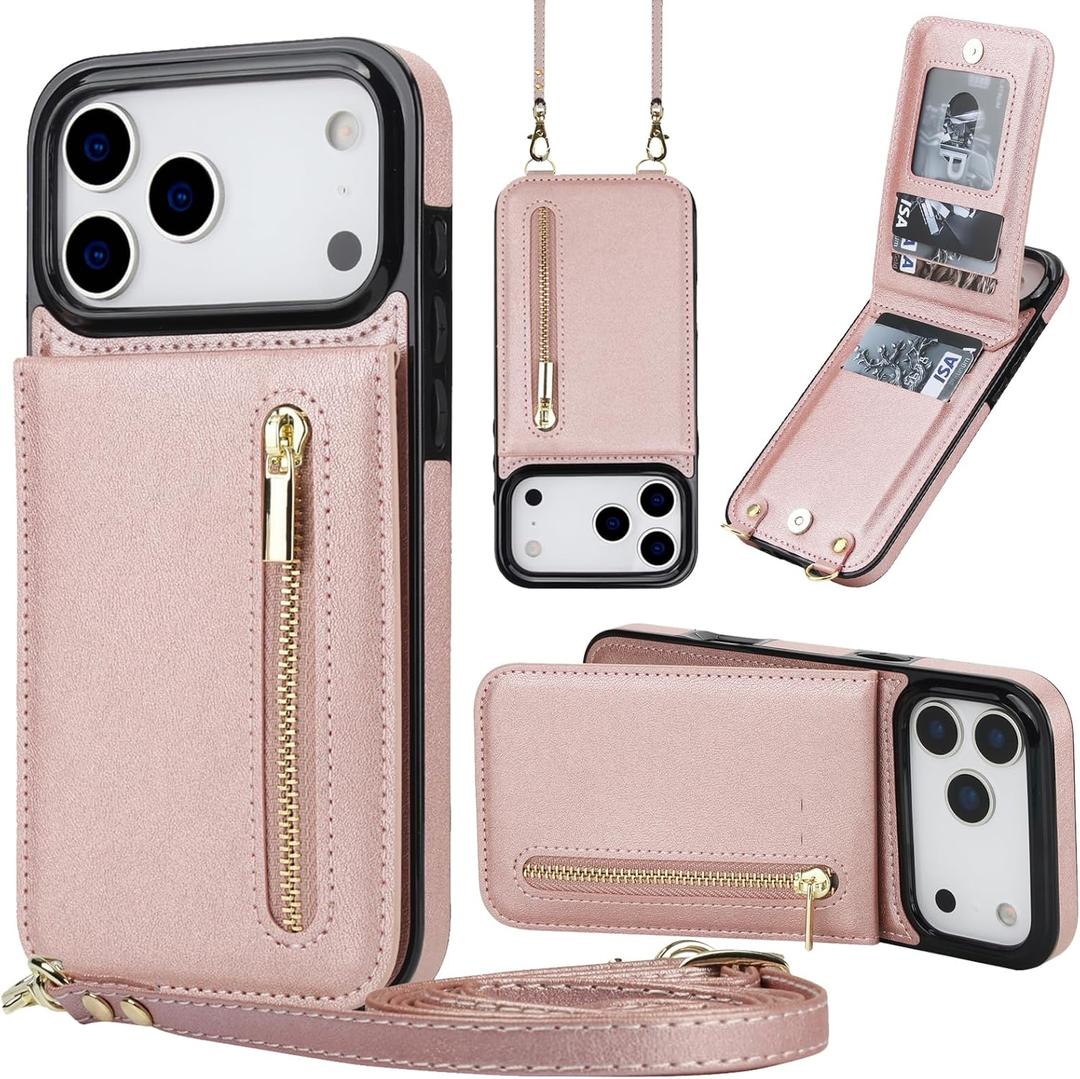 Crossbody Wallet Case for Apple iPhone 17 Pro 6.3" with Card Holder, Zipper Pocket, Magnetic Closure PU Leather Flip Cover with Adjustable Shoulder Strap for iPhone 17 Pro Zip-Rose Gold