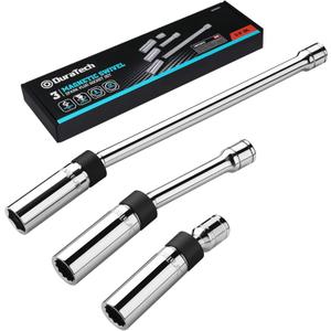 DURATECH 3PCS Swivel Magnetic Spark Plug Socket Set, 3/8" Drive Thin Wall Spark Plugs Socket Includes 5/8" x 11" 6-Point, 9/16" x 6" and 14mm x 4" 12-Point, Enhanced Magnetic Head, Cr-V Steel Made