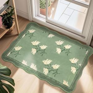 Scalloped Floral Entryway Rug, 2x3 Soft Non-Slip Indoor Door Mat Ultra Thin Washable Kitchen Rugs, Sage Green Vintage Farmhouse Small Low-Pile Throw Rugs for Entrance Bathroom Bedroom