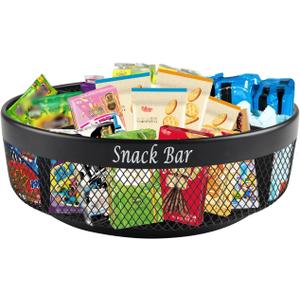 Snack Organizer for Countertop, Metal Turntable Organizer with Divider, 4 Compartment Snack Storage Spinning Snack Tray, Lazy Susan Snack Spinner for Snack Bar Organizer Pantry Storage-Black