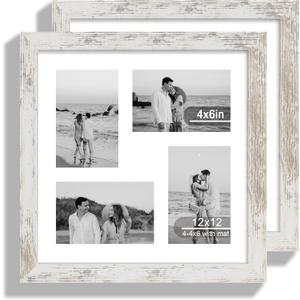 12x12 Picture Frame Set of 2, Distressed White Wood Frame with Glass Collage Frame, Display Pictures 4-4x6 With Mat or 12 x 12 Without Mat, Photo Frames Collage for Wall Hanging or Tabletop