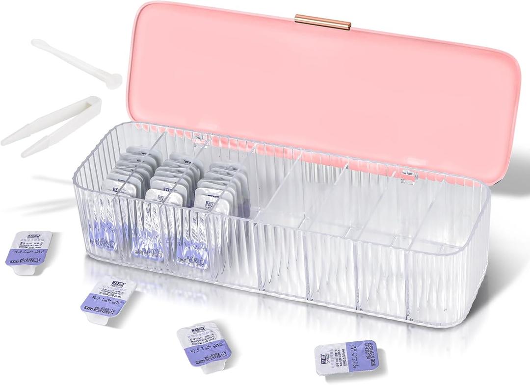 P-80 Daily Contact Lens Organizer with Remover & Tweezer, Disposable Lens Dispenser, Clear Plastic Box for All Brands (Pink)