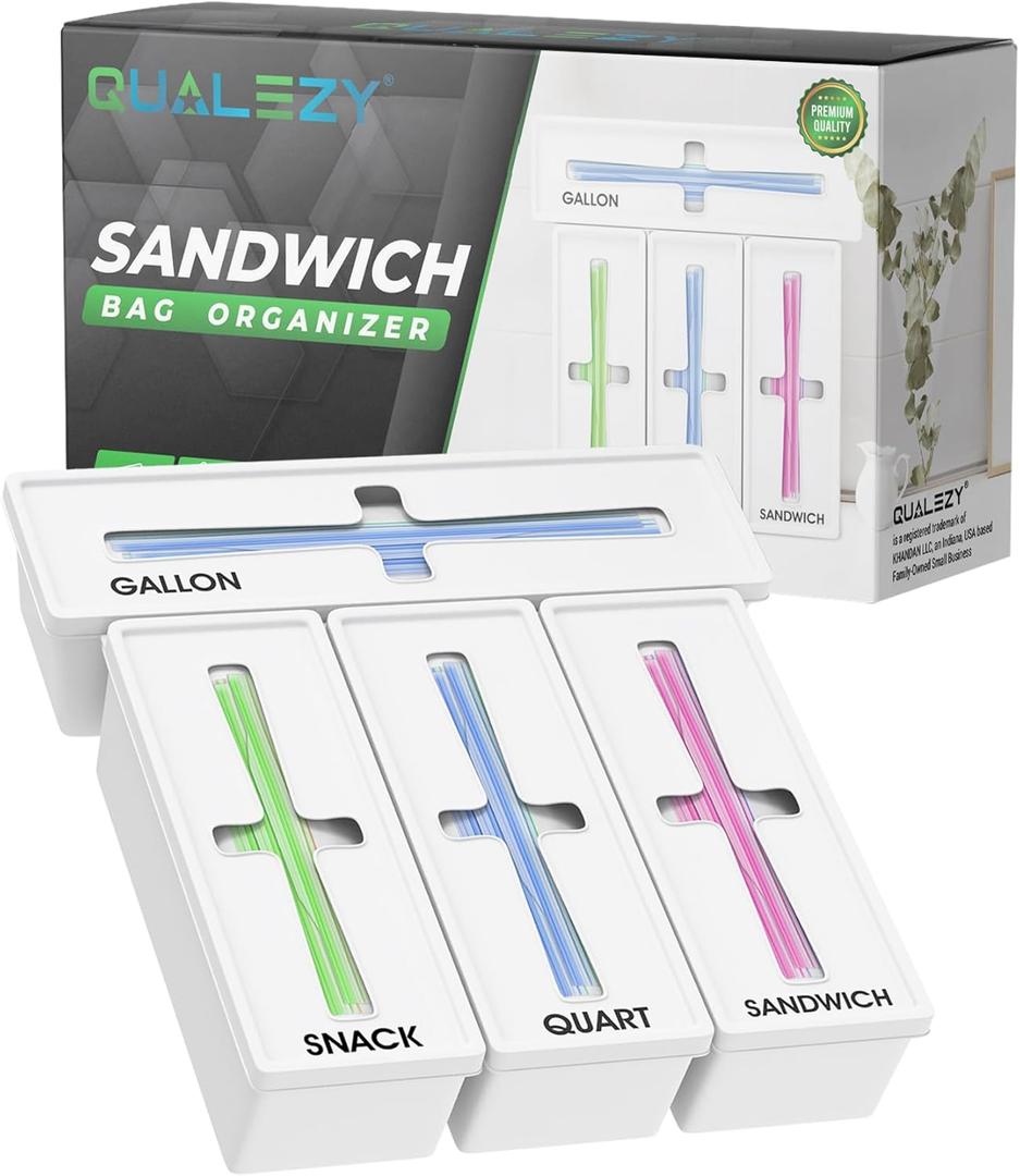 Storage Bag Organizer for Kitchen- Baggie Drawer Organizer & Plastic Food Storage Bags Holder- Compatible with Gallon, Quart, Sandwich, Snack Bags, Freezer, Slider Bags-4 Separate Pieces White