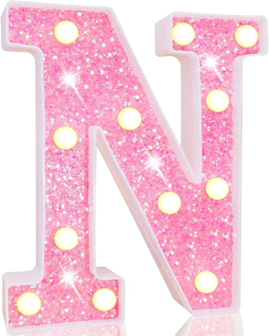 Pooqla LED Marquee Letter Lights, Pink Glitter Alphabet Sign Battery Powered Night Light, Birthday Party, Wedding, Girls Gifts, Home Bar, Christmas Decoration, N (Warm White)