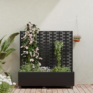 Casaphoria Metal Raised Garden Bed with Trellis and Wheels, 47"x47"x16" Planter Box for Climbing Plants, Vegetables & Vines, Features Drainage Holes and Privacy Screen (Black-Brick)