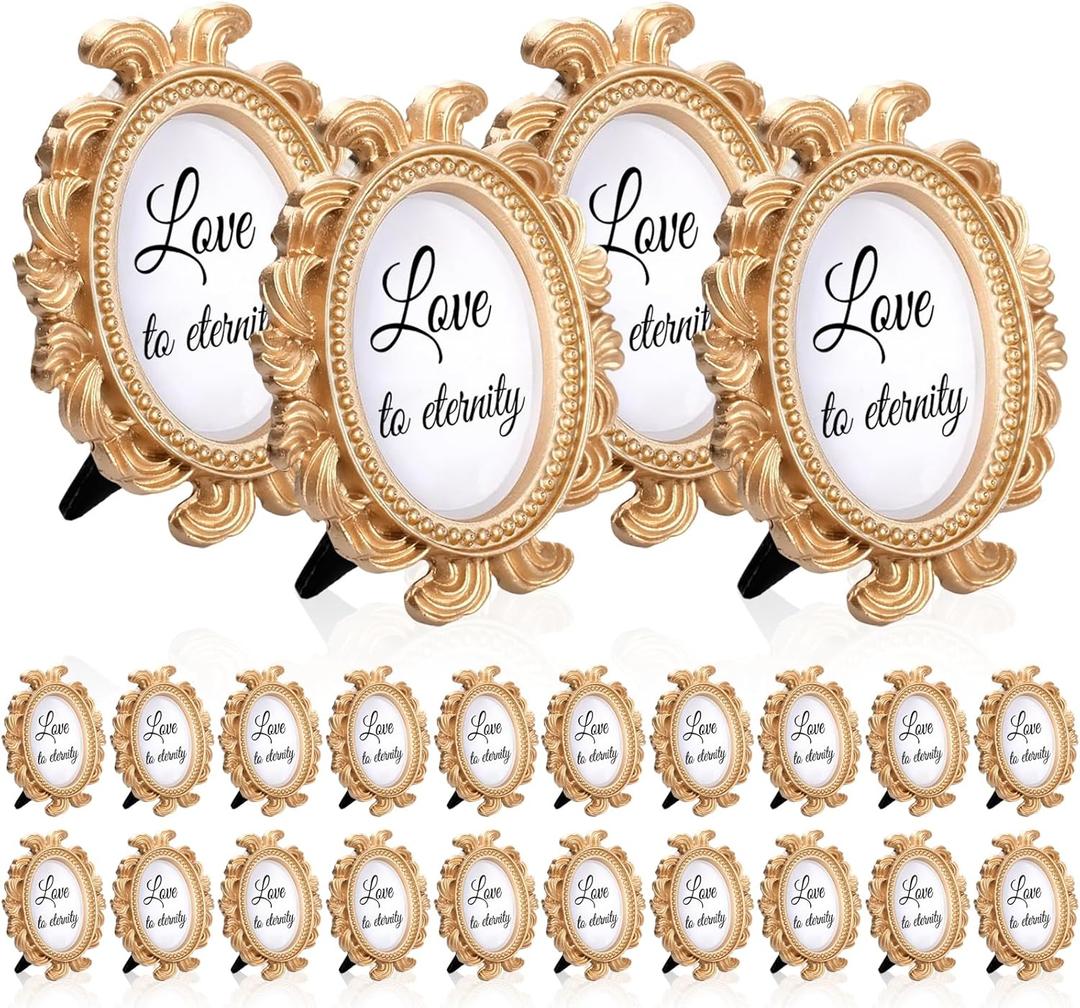 24 Pcs Vintage Picture Baroque Style Oval Mini Resin Frames Antique Photo Frame for Display Table Numbers Display, Cards, and Christmas Home Decor (Gold)