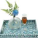 CLAYNIX Serving Tray 15.7" X11.8", Lacquer Mother of Pearl Inlay Mosaic Tray, Rectangle Wooden Marble Tray with Handles Trays for Tea, Breakfast in Bed, Table (Blue)